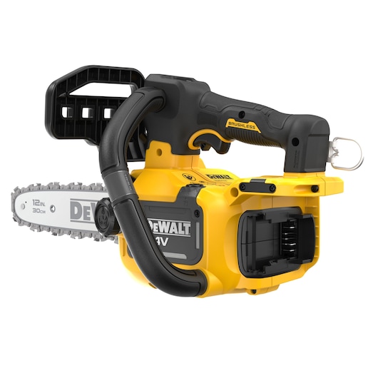 DEWALT 12-inch cordless chainsaw, brushless, yellow and black, shown without battery installed.