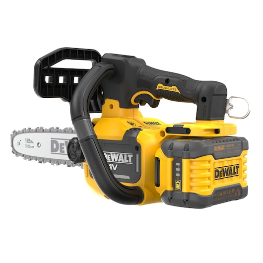 DEWALT chainsaw with 12in bar. Photography, SKUs: DCMCST632X1-XE, DCMCST632X1, DCMCST632X1-QW.