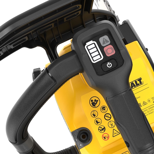 Close-up of DEWALT tool, SKUs DCMCST632X1-XE, DCMCST632X1, DCMCST632X1-QW, showing controls and safety icons.