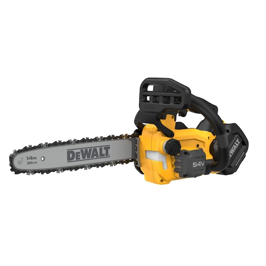 DEWALT cordless chainsaw, yellow and black, 54V, 14-inch blade, shown against a white background.