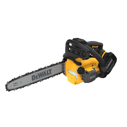 DEWALT cordless chainsaw with yellow body and 14-inch blade, shown against a white background.