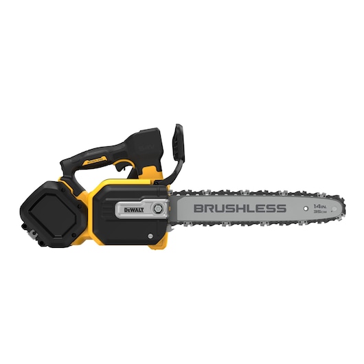 Cordless DEWALT brushless chainsaw with 14-inch blade, black and yellow, side view.