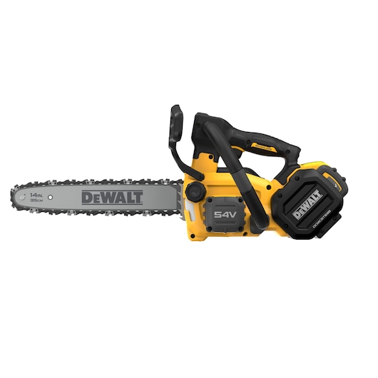 DEWALT 54V cordless chainsaw with 14-inch bar, yellow and black, suitable for cutting wood outdoors.