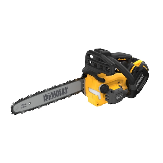 DEWALT cordless chainsaw with a 14-inch blade, yellow and black design, suitable for cutting wood.