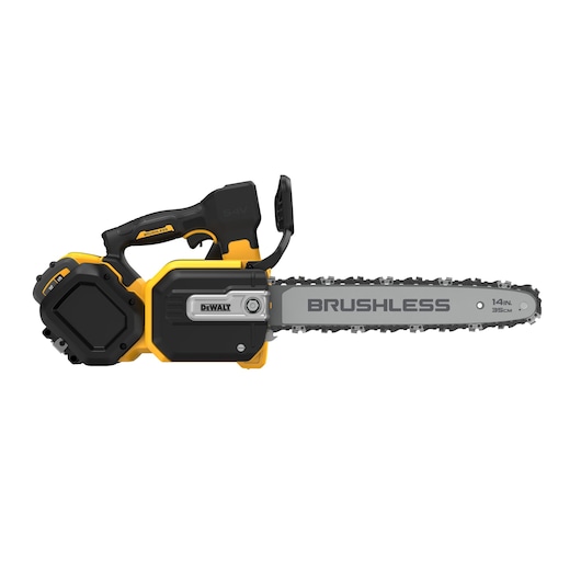 DEWALT cordless brushless chainsaw with 14-inch bar, black and yellow design, side view.