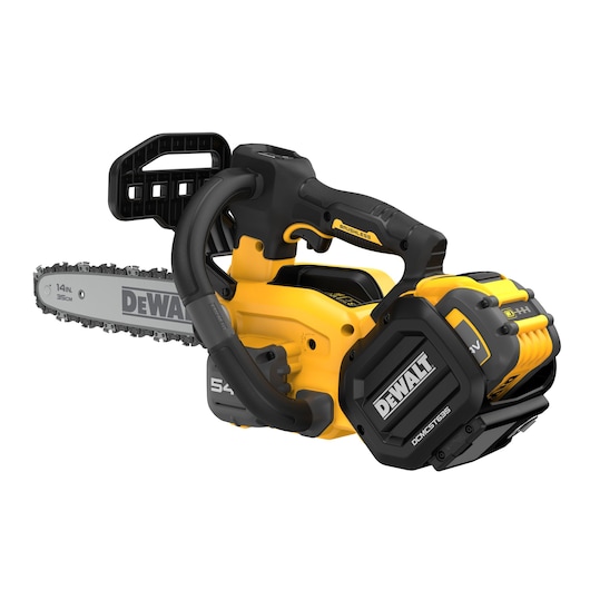 DEWALT cordless chainsaw, yellow and black, with 14-inch blade and brushless motor.