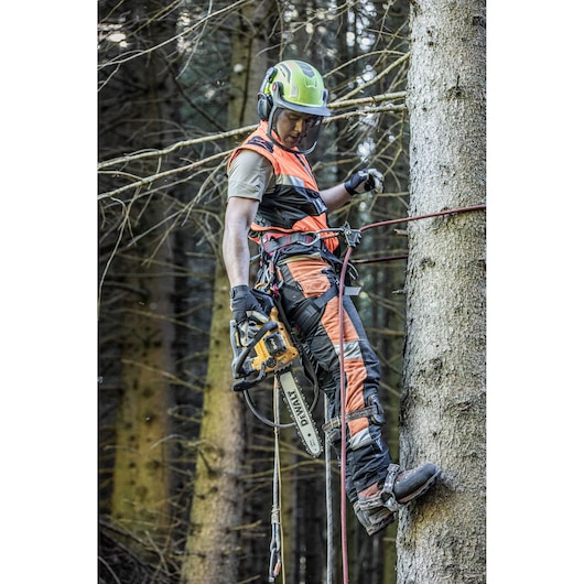 Worker uses DEWALT chainsaw while climbing tree in forest, wearing protective gear and harness.