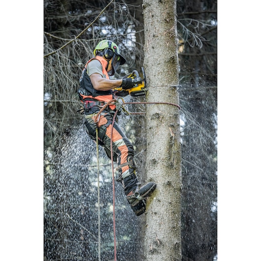 Worker uses DEWALT chainsaw to cut tree while wearing safety gear and harness in a forest.