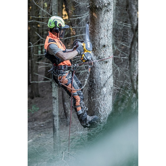 Worker uses DEWALT chainsaw to cut tree while suspended with safety gear in forest.