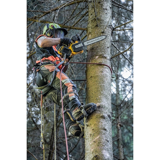 Worker uses DEWALT chainsaw while climbing and cutting tree in forest, wearing safety gear and harness.
