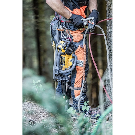 Person in safety gear holds ropes, DEWALT chainsaw attached to harness, forest background.