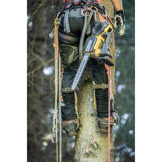 Worker climbing tree with DEWALT cordless chainsaw attached to belt, wearing safety gear and climbing harness.
