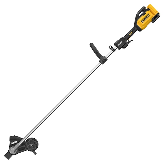 DEWALT cordless lawn edger with long handle, battery-powered, black and yellow design.