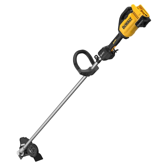DEWALT cordless edger with yellow and black body, curved handle and blade guard, shown on white background.