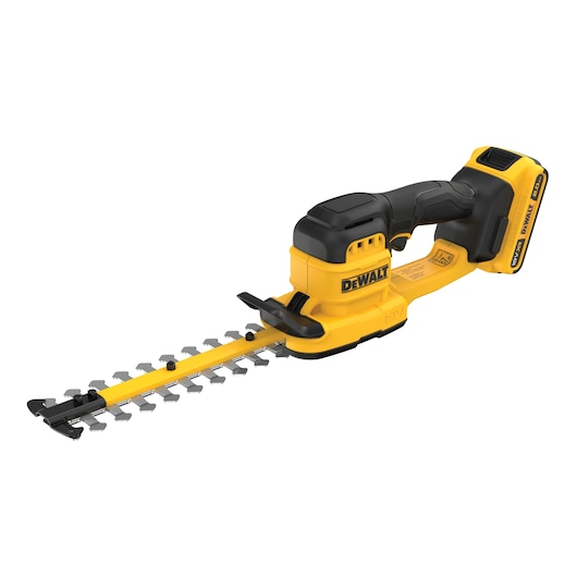 DEWALT hedge trimmer, photography category. SKUs: DCMHT520D1-QW, DCMHT520D1. Yellow and black cordless tool.