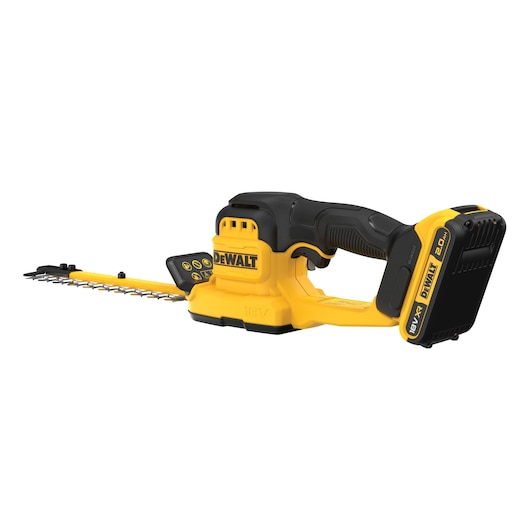 DEWALT cordless hedge trimmer, SKUs DCMHT520D1-QW and DCMHT520D1, yellow and black, 18V.