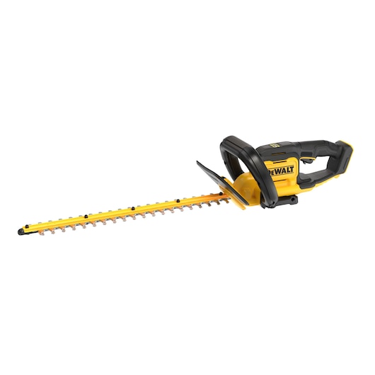 DEWALT cordless hedge trimmer with yellow and black body, ergonomic handle, and long blade.
