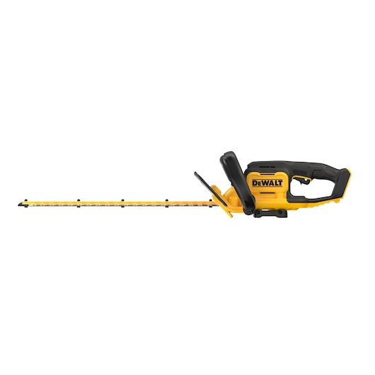 DEWALT cordless hedge trimmer with yellow and black design, long blade, and ergonomic handle.