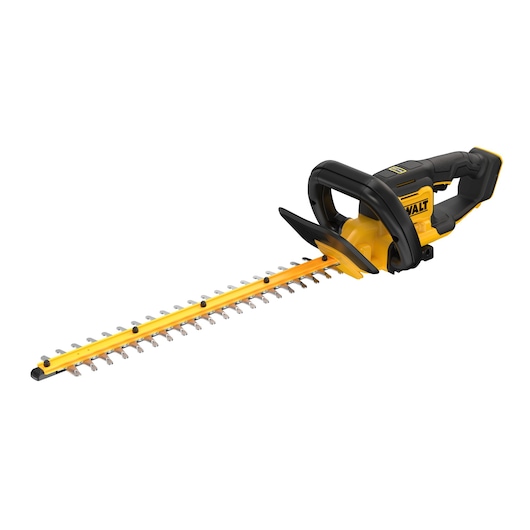 Cordless yellow and black DEWALT hedge trimmer with ergonomic handle and long cutting blade.