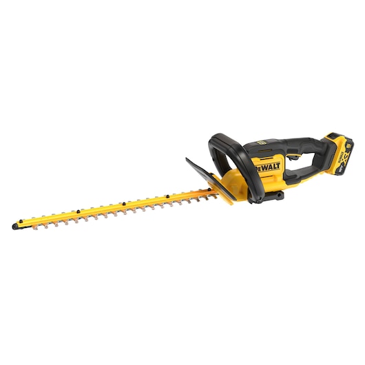 DEWALT cordless hedge trimmer with yellow body, black handle and battery, shown on a white background.