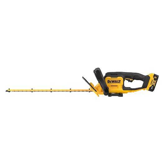 DEWALT cordless hedge trimmer with yellow and black body and long blade for garden trimming.