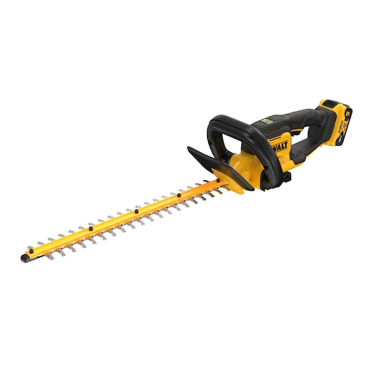 Yellow and black cordless hedge trimmer with rechargeable battery and ergonomic handle, shown on a white background.