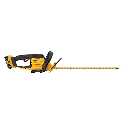 DEWALT cordless hedge trimmer with yellow and black body and battery pack, blades extended to the right.