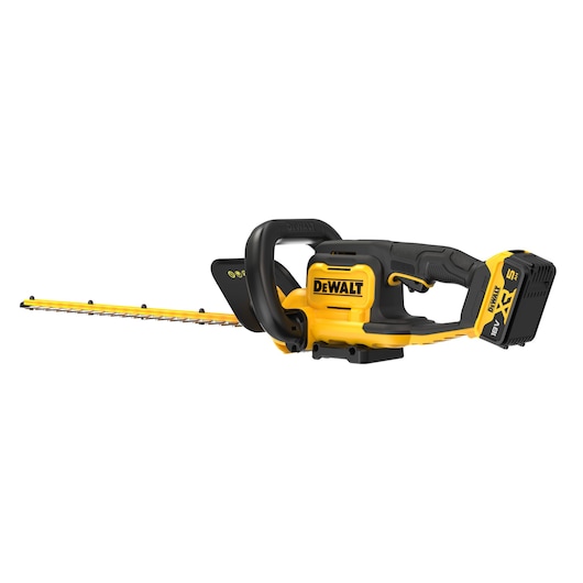 DEWALT cordless hedge trimmer with black and yellow design, fitted with a battery pack.