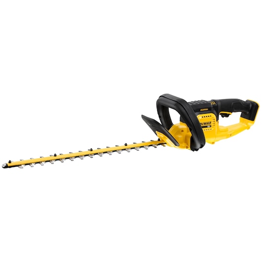 Yellow and black DEWALT cordless hedge trimmer with ergonomic handle and long blade.