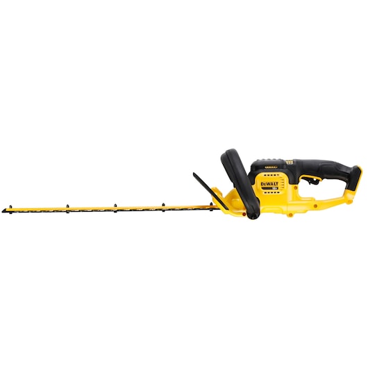 Yellow DEWALT cordless hedge trimmer with black handle and long blade, shown on a white background.