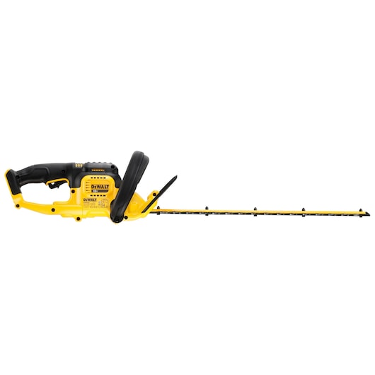DEWALT cordless hedge trimmer with yellow and black design, shown from the side against a white background.