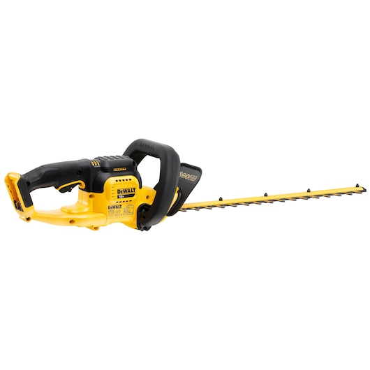 DEWALT cordless hedge trimmer with yellow and black design, long blade, ergonomic handle.