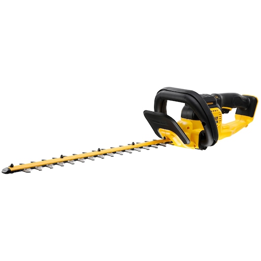 Yellow and black cordless hedge trimmer with ergonomic handle and long cutting blade.