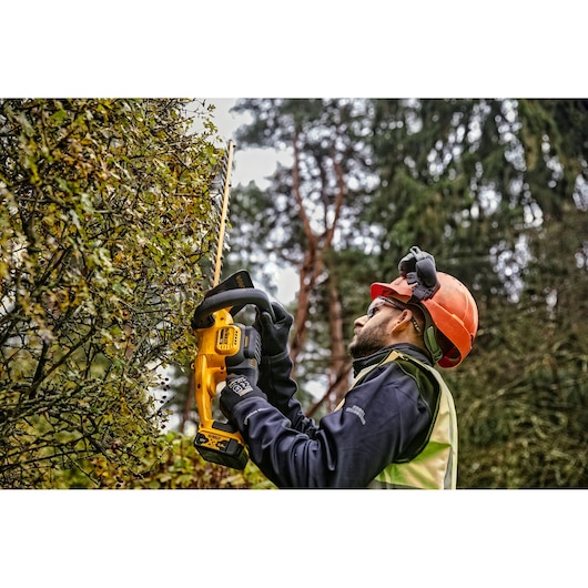 Person trims hedge with a DEWALT cordless hedge trimmer outdoors, wearing safety gear and gloves.