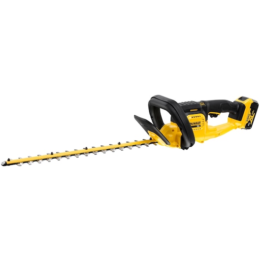 Yellow and black cordless DEWALT hedge trimmer with ergonomic handle and blade, shown on a white background.