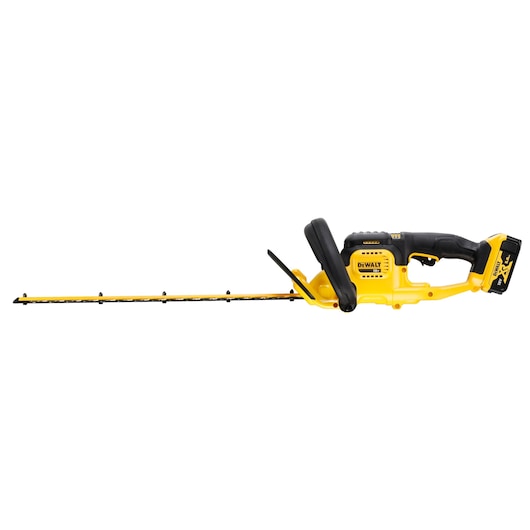 Yellow and black DEWALT cordless hedge trimmer with long blade and ergonomic handle.