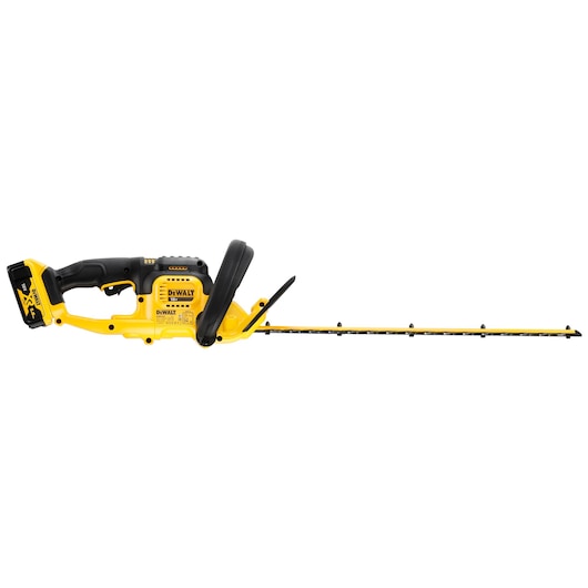 DEWALT cordless yellow hedge trimmer with black handle and battery, shown from the side on a white background.