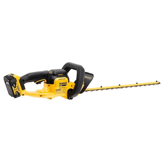 Yellow and black DEWALT cordless hedge trimmer with battery, ergonomic handle and long cutting blade.