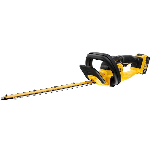 Yellow and black cordless hedge trimmer with long blade and ergonomic handle, displayed on a white background.