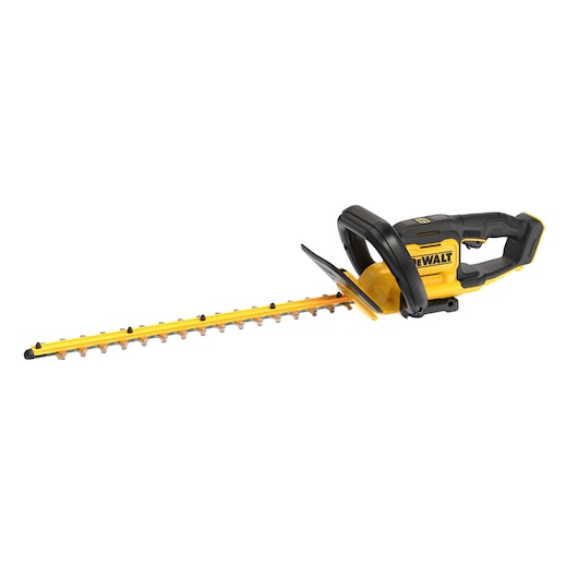 Yellow and black DEWALT cordless hedge trimmer with long blade and ergonomic handle shown on white background.