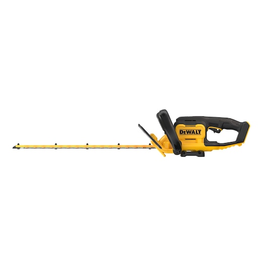 Yellow and black cordless hedge trimmer with ergonomic handle, branded DEWALT, shown on a white background.