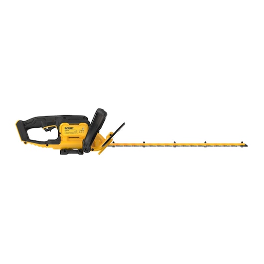DEWALT cordless hedge trimmer with a yellow and black body and a long blade, displayed on a white background.