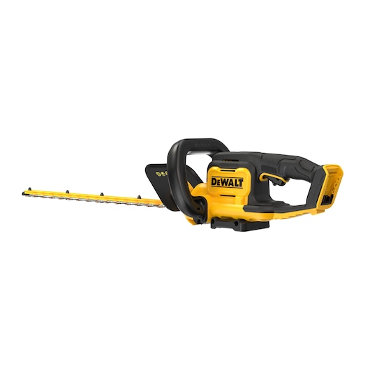 DEWALT cordless hedge trimmer with yellow and black design, ergonomic handle, and long cutting blade.