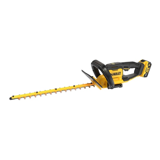 Yellow and black DEWALT cordless hedge trimmer with battery, long blade and ergonomic handle.