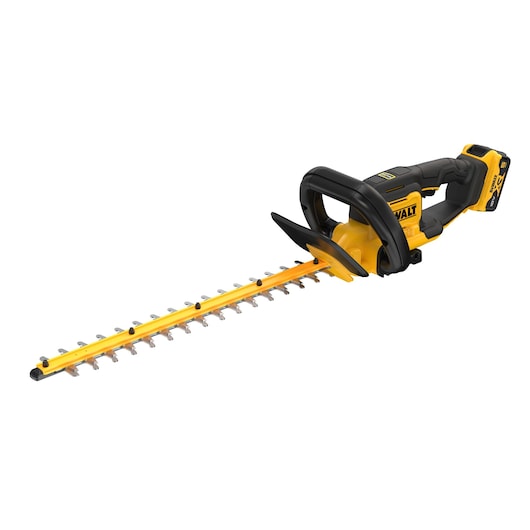 Yellow and black DEWALT cordless hedge trimmer with a long blade and ergonomic handle.