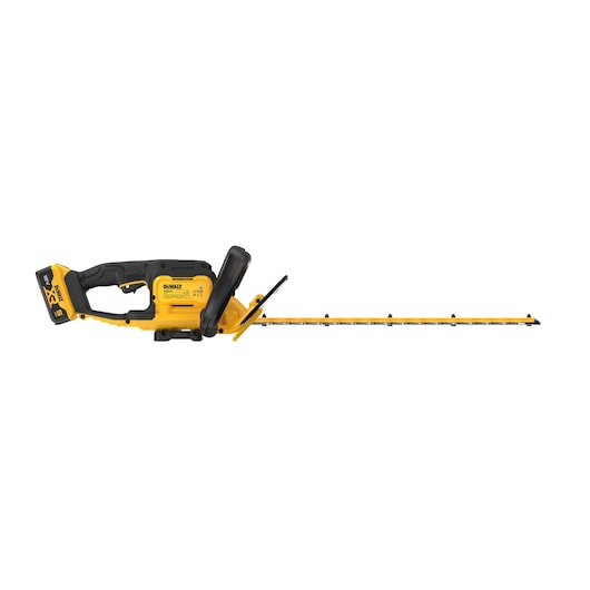 DEWALT cordless hedge trimmer with black and yellow design and long cutting blade.