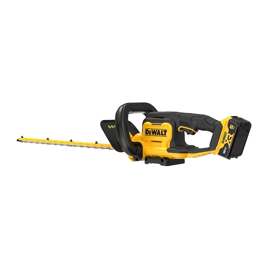 DEWALT cordless hedge trimmer with 18V battery, yellow and black, shown against a white background.