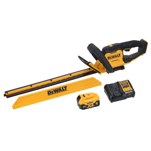 DEWALT cordless hedge trimmer kit with blade cover, battery, and charger shown on a white background.