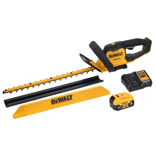 DEWALT cordless hedge trimmer kit with blade cover, charger, and 18V battery, all displayed on a white background.