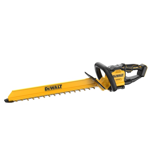 DEWALT hedge trimmer with yellow body, SKUs DCMHT567N, DCMHT567N-XJ. Photography product.